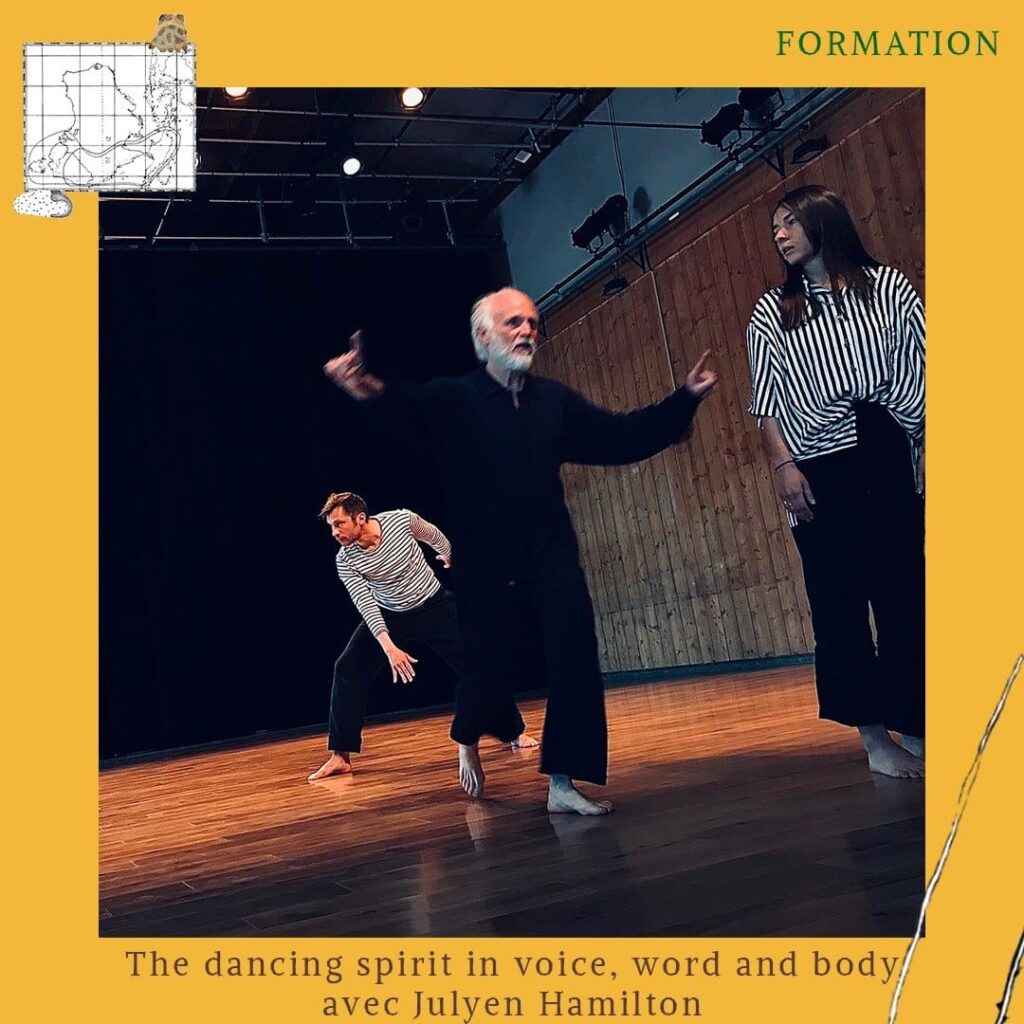 Julyen Hamilton leading the workshop ‘The Dancing Spirit in Voice, Word and Body’ in Paris, with Caspar Schjelbred and another participant in the background.